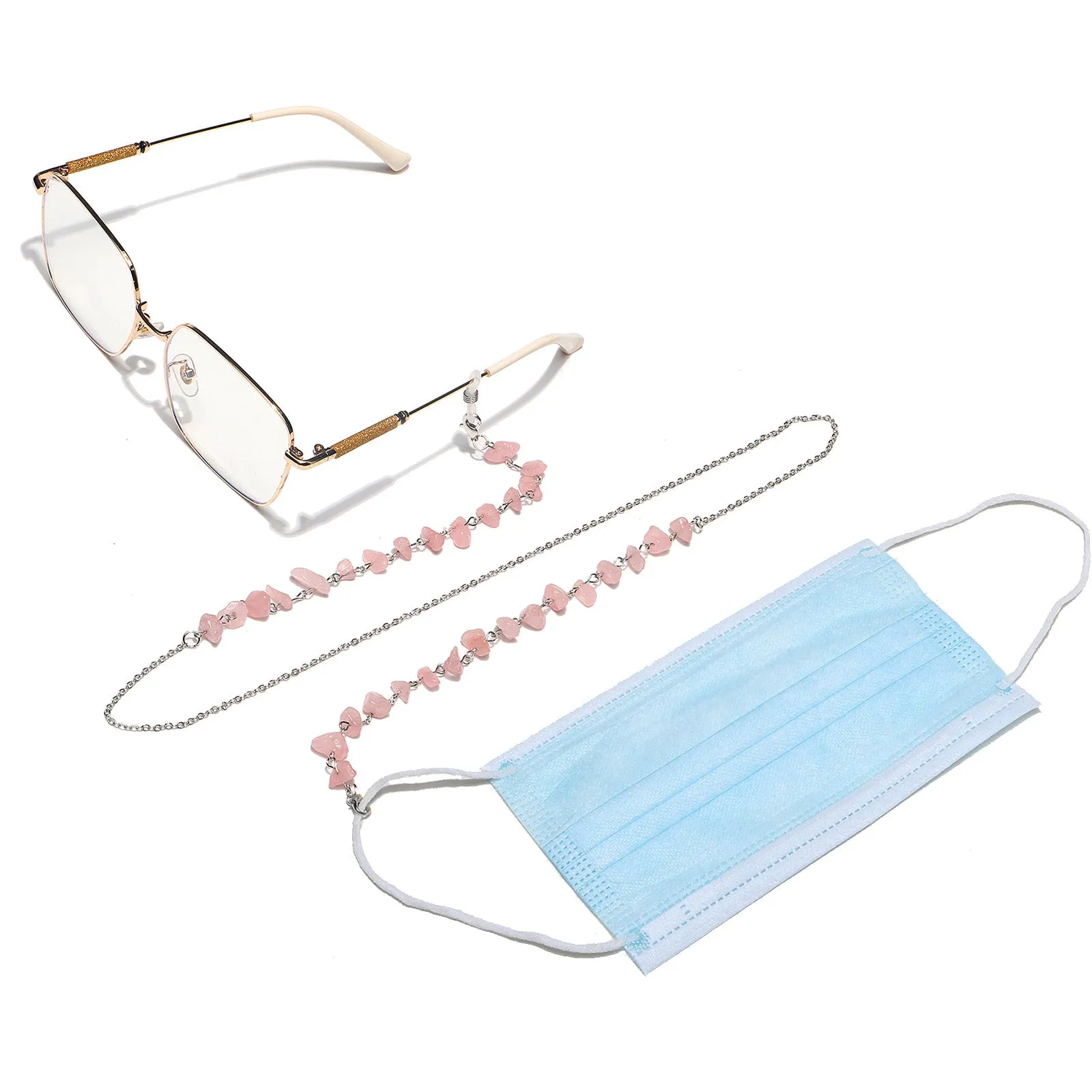 (85cm) Eyewear holder eyeglass chain sunglasses strap metal stones - silver / pink