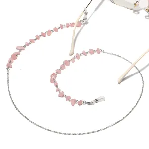 (85cm) Eyewear holder eyeglass chain sunglasses strap metal stones - silver / pink