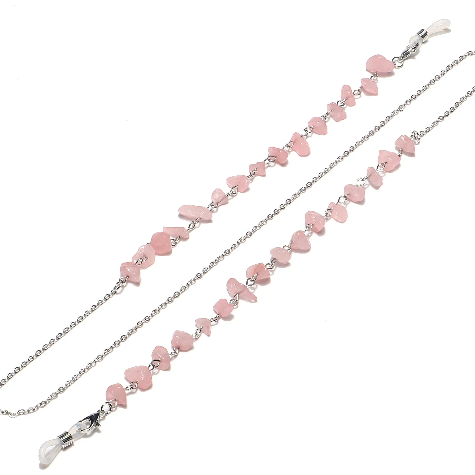 (85cm) Eyewear holder eyeglass chain sunglasses strap metal stones - silver / pink