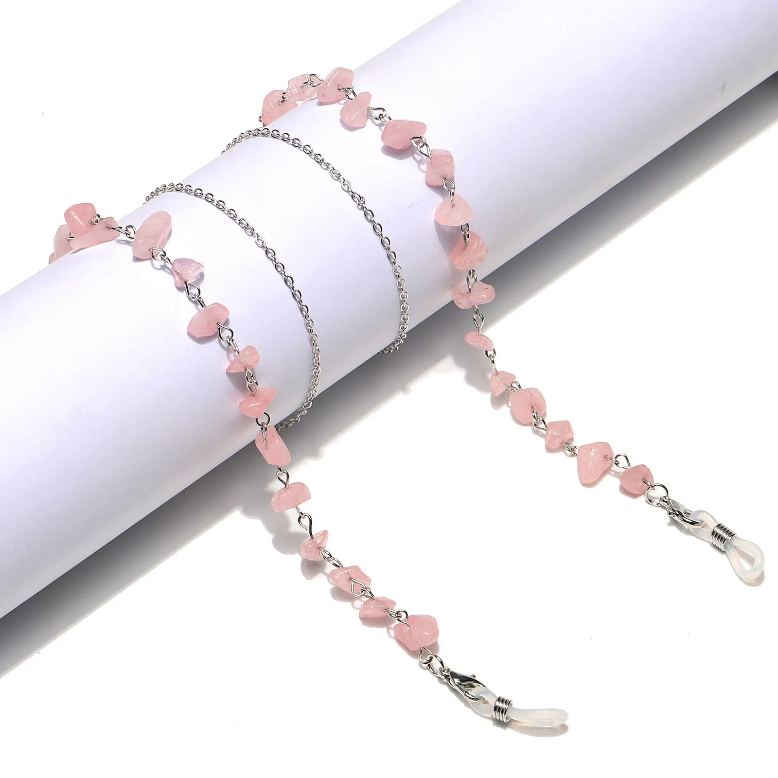 (85cm) Eyewear holder eyeglass chain sunglasses strap metal stones - silver / pink