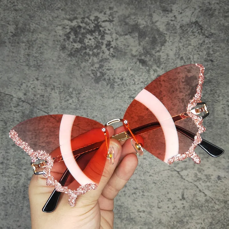 Ashore Shop Butterfly Diamond Luxury Brand Designer Sunglasses Trendy Fashion Rimless Crystal Sun Glasses Bling Diamond Eyewear