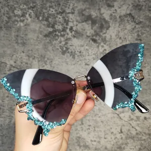 Ashore Shop Butterfly Diamond Luxury Brand Designer Sunglasses Trendy Fashion Rimless Crystal Sun Glasses Bling Diamond Eyewear