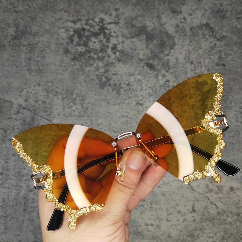 Ashore Shop Butterfly Diamond Luxury Brand Designer Sunglasses Trendy Fashion Rimless Crystal Sun Glasses Bling Diamond Eyewear