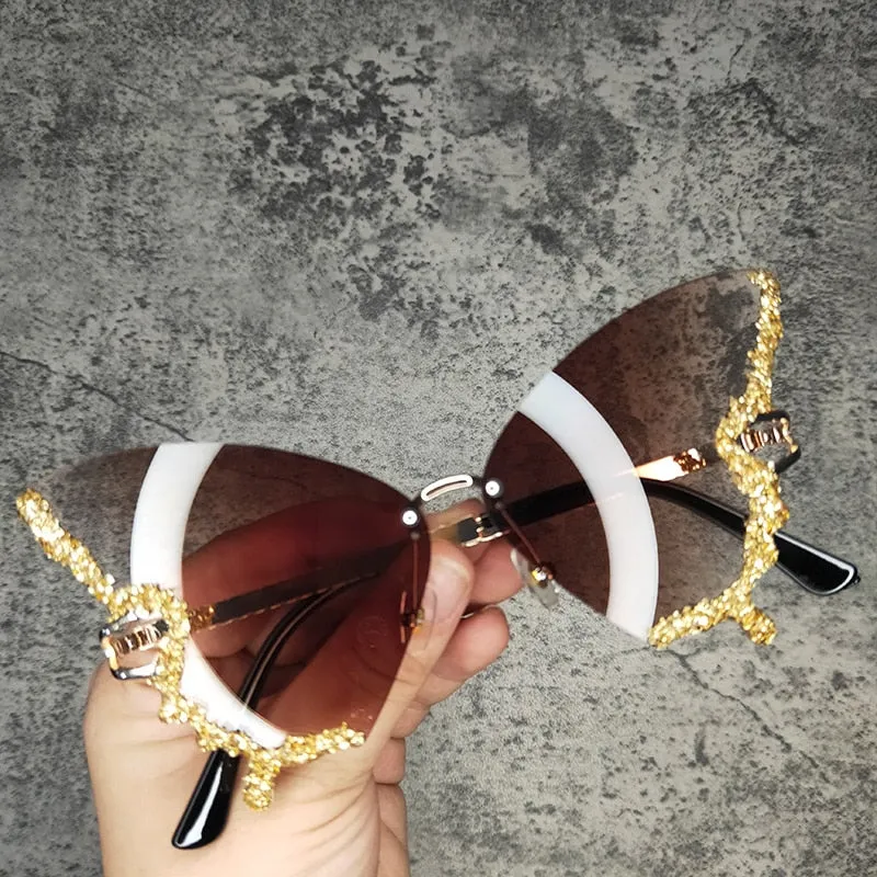 Ashore Shop Butterfly Diamond Luxury Brand Designer Sunglasses Trendy Fashion Rimless Crystal Sun Glasses Bling Diamond Eyewear