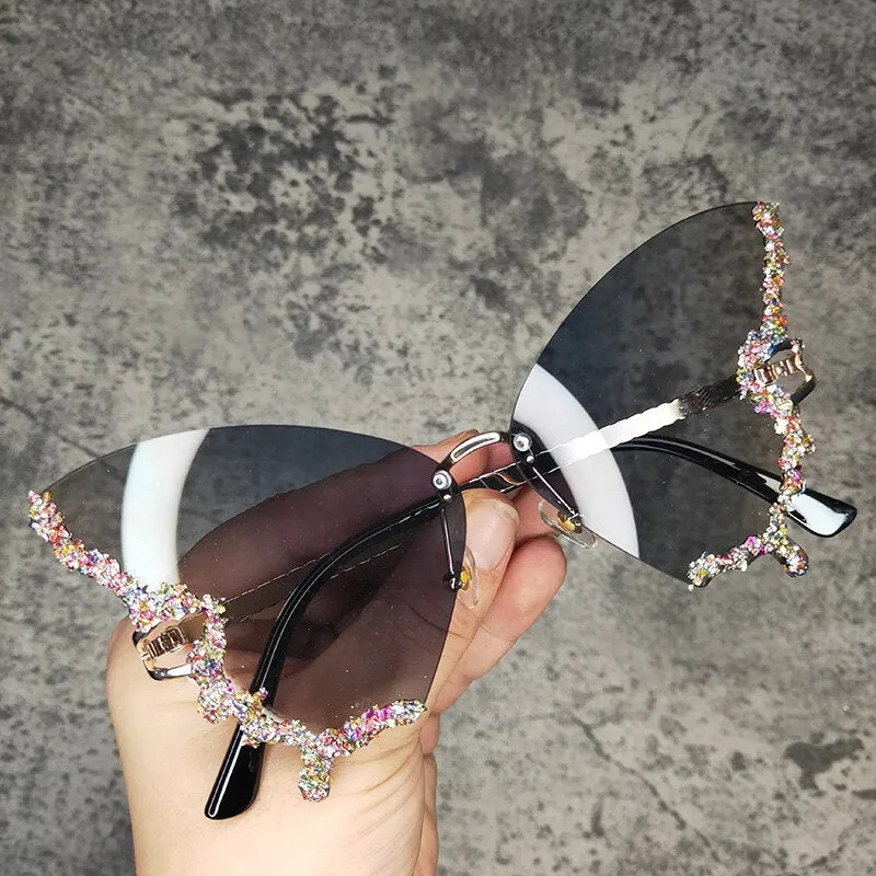 Ashore Shop Butterfly Diamond Luxury Brand Designer Sunglasses Trendy Fashion Rimless Crystal Sun Glasses Bling Diamond Eyewear