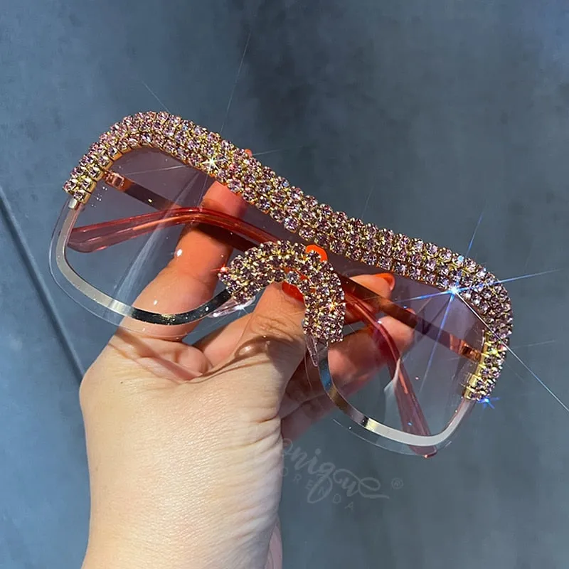 Luxury Oversized Sunglasses Women Metal Rimless Vintage Silver Sun Glasses Big Rhinestone Feamle Shades