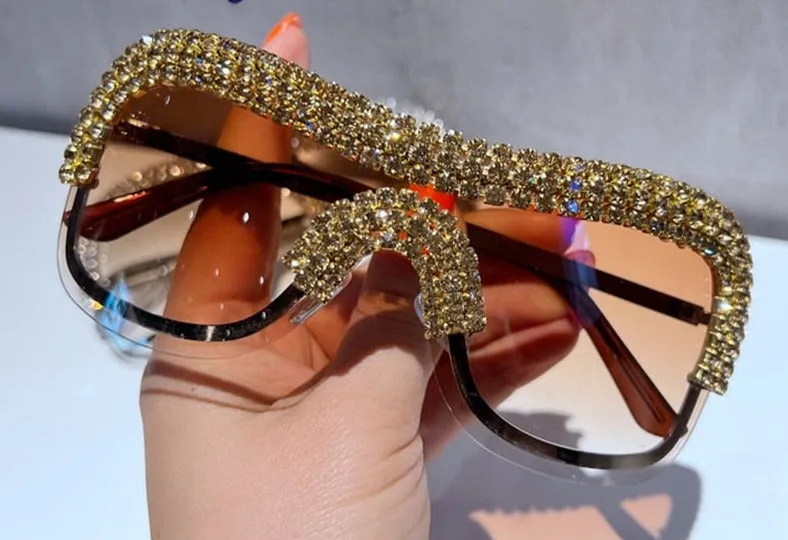 Luxury Oversized Sunglasses Women Metal Rimless Vintage Silver Sun Glasses Big Rhinestone Feamle Shades