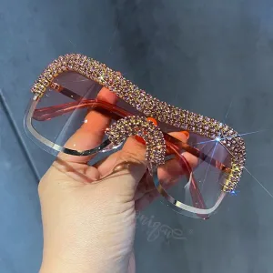 Luxury Oversized Sunglasses Women Metal Rimless Vintage Silver Sun Glasses Big Rhinestone Feamle Shades