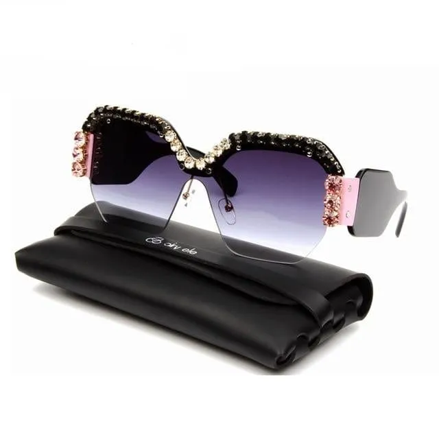 Luxury Rimless Sunglasses Oversized Rhinestone Sunglasses Big Frame Shades