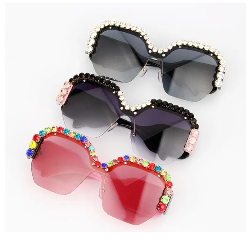 Luxury Rimless Sunglasses Oversized Rhinestone Sunglasses Big Frame Shades